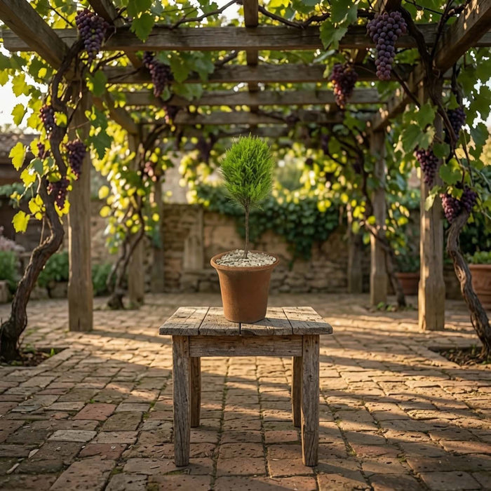 Lemon Cypress Tree in Aged Clay Pot