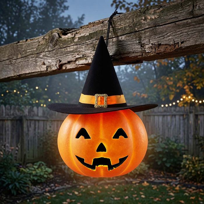 Lighted Hanging Pumpkin with Witch Hat and Adapter - 27" Tall