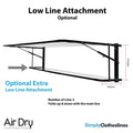 Optional low line attachment for the Air Dry made to order range featuring 3 additional lines the frame folds up and down with the main clothesline. To be purchased in the same colour as the clothesline.
