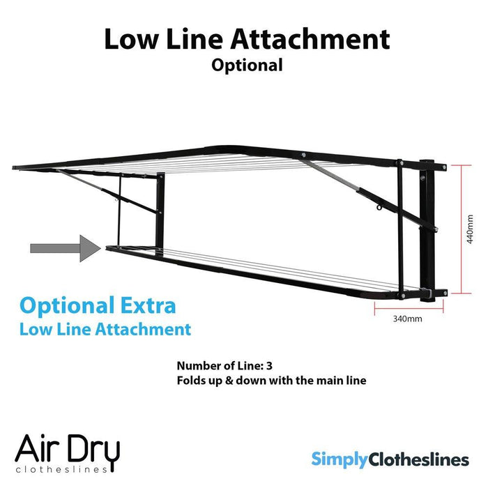 Optional low line attachment for the Air Dry made to order range featuring 3 additional lines the frame folds up and down with the main clothesline. To be purchased in the same colour as the clothesline.
