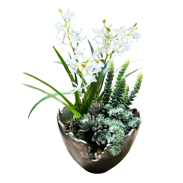 Mini White Orchids in Antique Silver Bowl