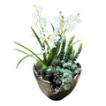 Mini White Orchids in Antique Silver Bowl