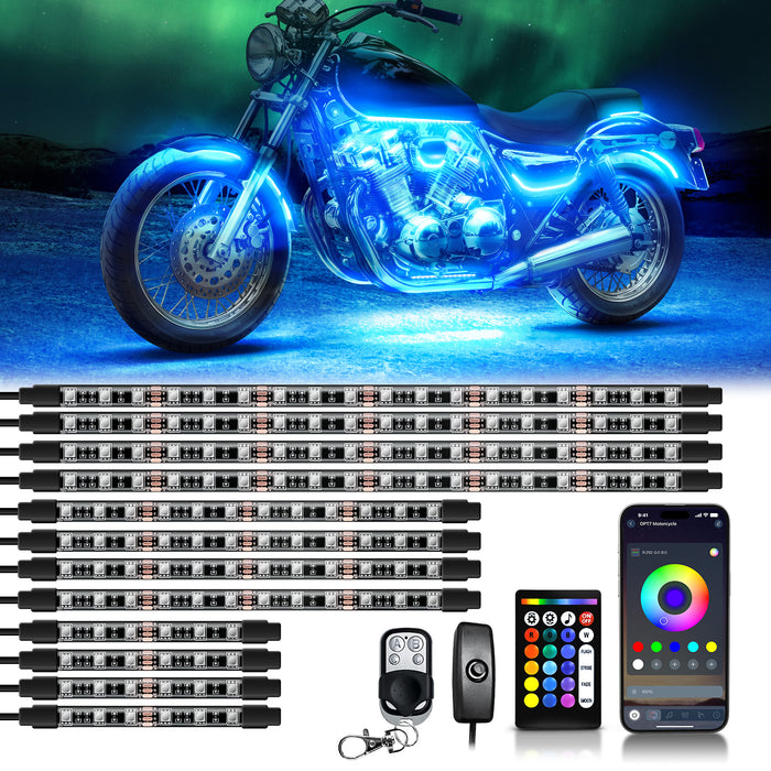 OPT7 12PCS RGB Motorcycle LED Strip Lights Kit with APP Control - Brake - Turn Signals
