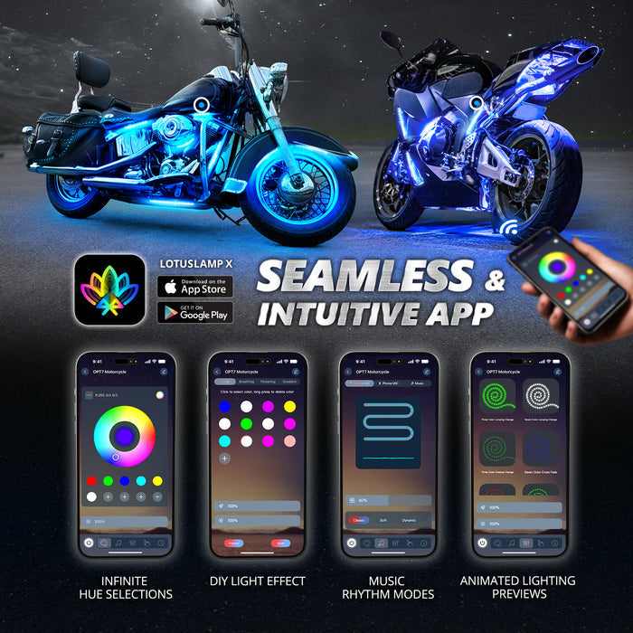 OPT7 12PCS RGB Motorcycle LED Strip Lights Kit with APP Control - Brake - Turn Signals