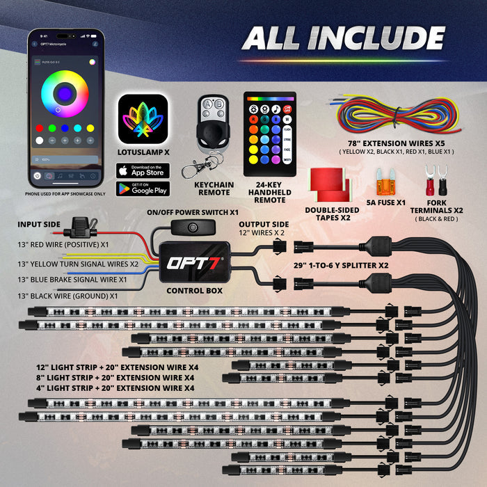 OPT7 12PCS RGB Motorcycle LED Strip Lights Kit with APP Control - Brake - Turn Signals