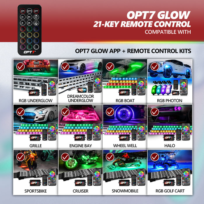 OPT7 GLOW 21-Key Remote Control for RGB Underglow, Rock Lights, Halo, Grille, Wheel Well, Motorcycle, Golf Cart, Boat, Engine Bay, DreamColor Underglow