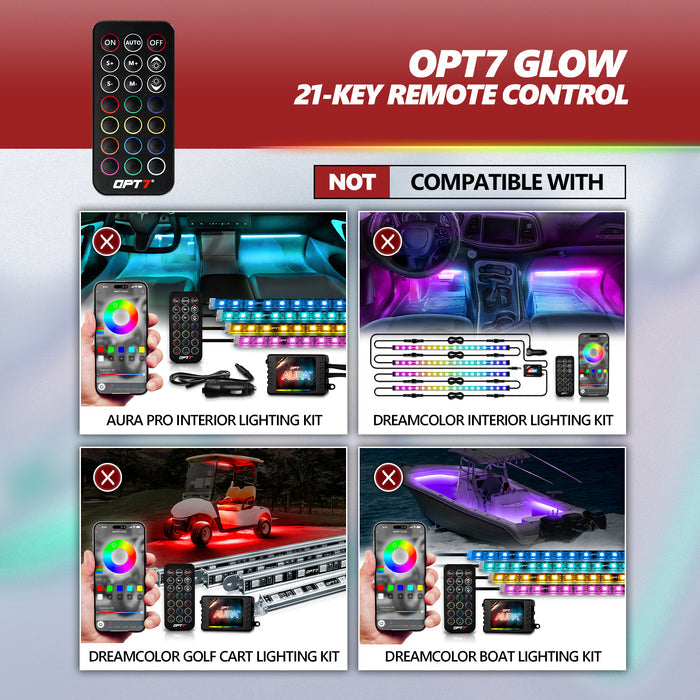 OPT7 GLOW 21-Key Remote Control for RGB Underglow, Rock Lights, Halo, Grille, Wheel Well, Motorcycle, Golf Cart, Boat, Engine Bay, DreamColor Underglow