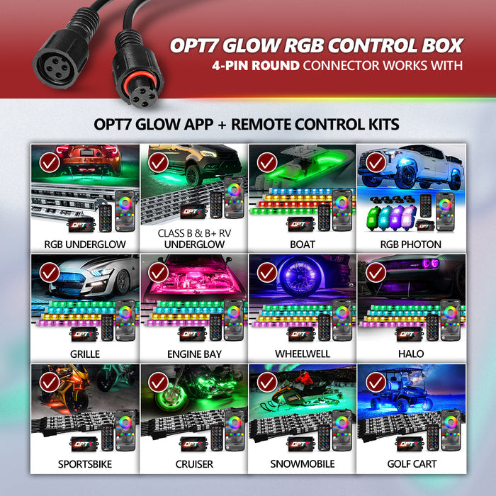 OPT7 GLOW RGB Control Box for Underglow, Rock Lights, Halo, Grille, Wheel Well, Motorcycle, Golf Cart, Boat, Engine Bay