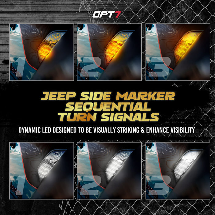 OPT7 LED Side Marker for Jeep Wrangler JL & Gladiator JT 18-23 w- Amber Sequential Turn Signal, White Running Light