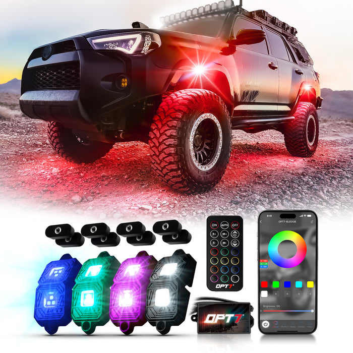 OPT7 Photon RGB 4 Pods Magnet Rock Lights + 2pc 10ft Extension Wires