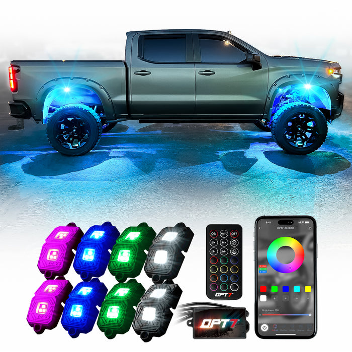 OPT7 Photon RGB 8PCS LED Rock Light w-Magnet Wide Angle Underglow Neon Lighting Kit