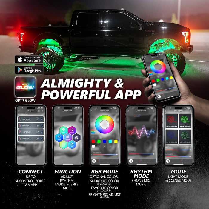 OPT7 Photon RGB 8PCS LED Rock Light w-Magnet Wide Angle Underglow Neon Lighting Kit