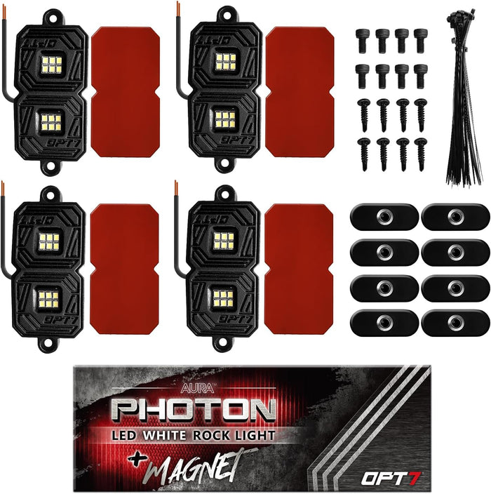 OPT7 Photon White LED Rock Lights 4PCS Black Pods Magnetic Mount Underglow Lighting Kit