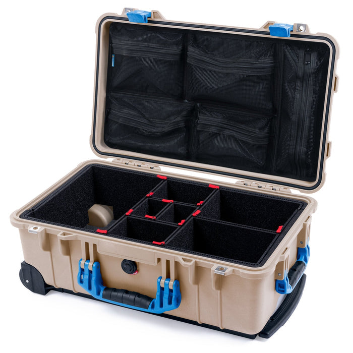 Pelican 1510 Case - Desert Tan & Blue - TrekPak Divider System / Mesh Lid Organizer