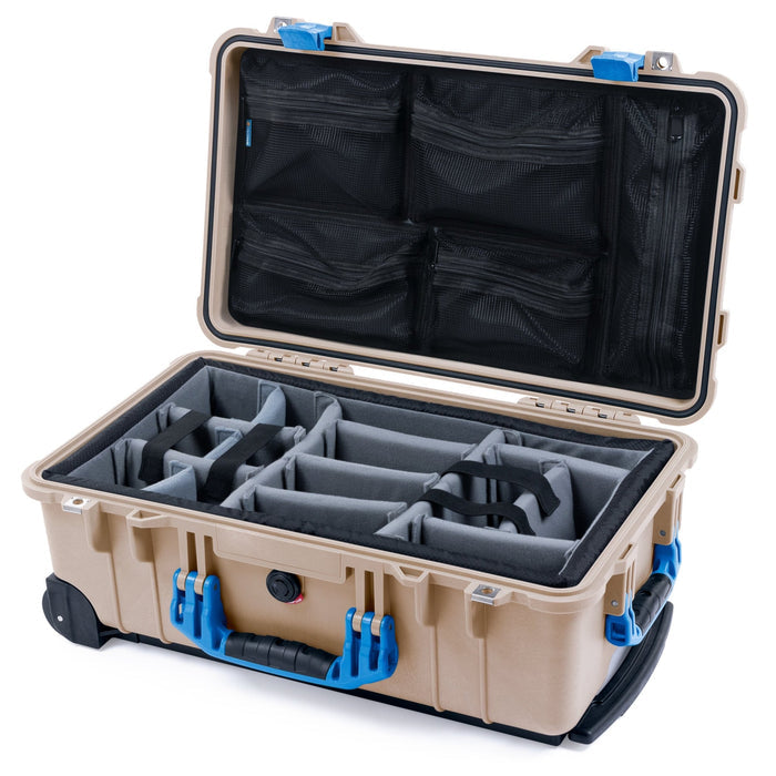 Pelican 1510 Case - Desert Tan & Blue - Padded Microfiber Dividers / Mesh Lid Organizer