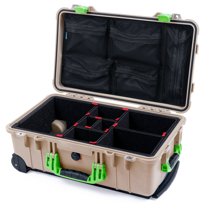 Pelican 1510 Case - Desert Tan & Lime Green - TrekPak Divider System / Mesh Lid Organizer