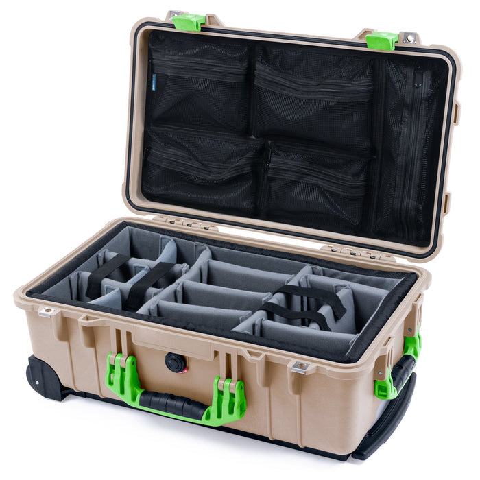 Pelican 1510 Case - Desert Tan & Lime Green - Padded Microfiber Dividers / Mesh Lid Organizer