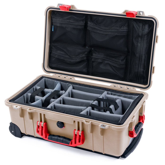 Pelican 1510 Case - Desert Tan & Red - Padded Microfiber Dividers / Mesh Lid Organizer
