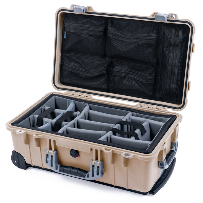 Pelican 1510 Case - Desert Tan & Silver - Padded Microfiber Dividers / Mesh Lid Organizer