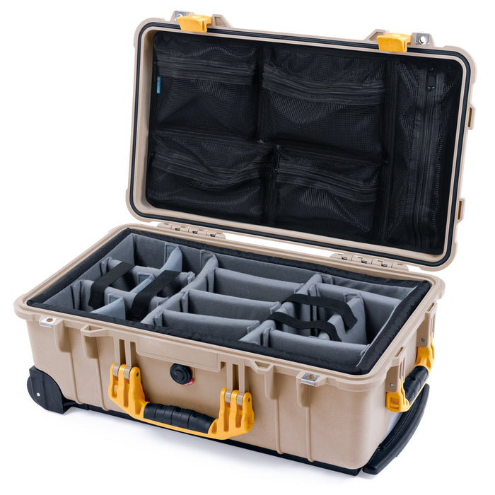 Pelican 1510 Case - Desert Tan & Yellow - Padded Microfiber Dividers / Mesh Lid Organizer