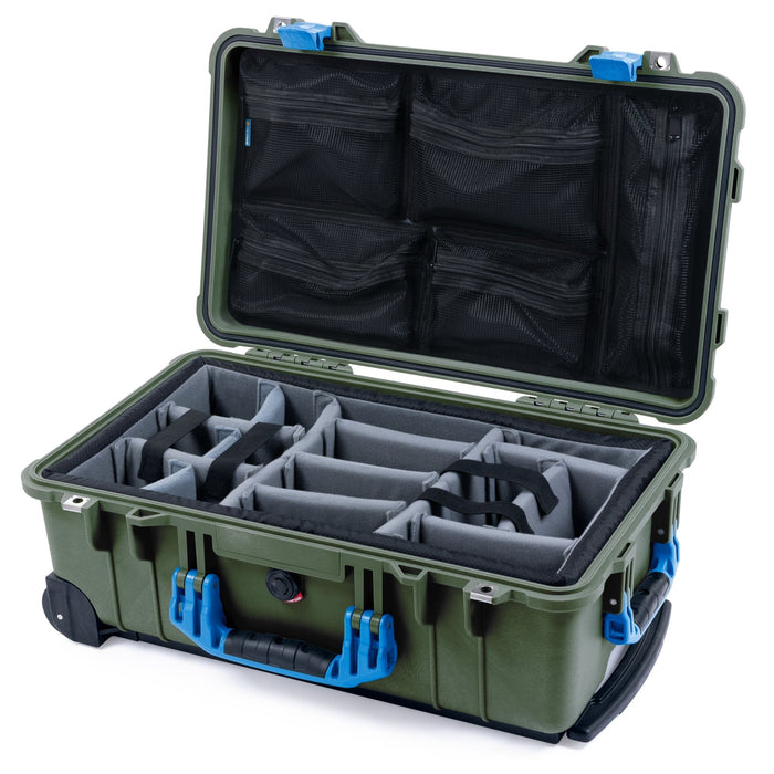 Pelican 1510 Case - OD Green & Blue - Padded Microfiber Dividers / Mesh Lid Organizer