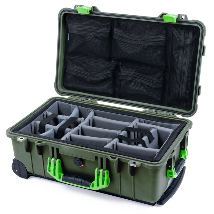 Pelican 1510 Case - OD Green & Lime Green - Padded Microfiber Dividers / Mesh Lid Organizer