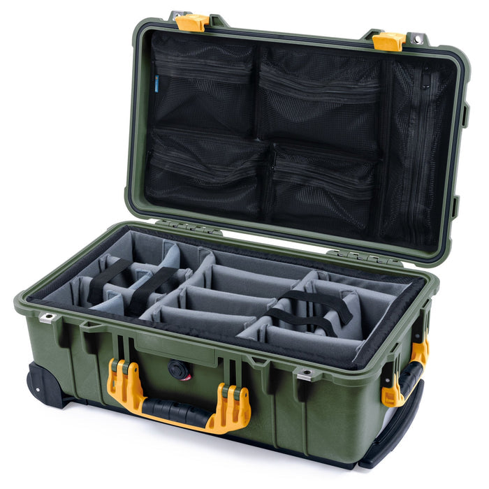 Pelican 1510 Case - OD Green & Yellow - Padded Microfiber Dividers / Mesh Lid Organizer