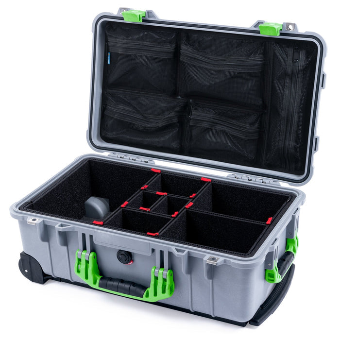 Pelican 1510 Case - Silver & Lime Green - TrekPak Divider System / Mesh Lid Organizer