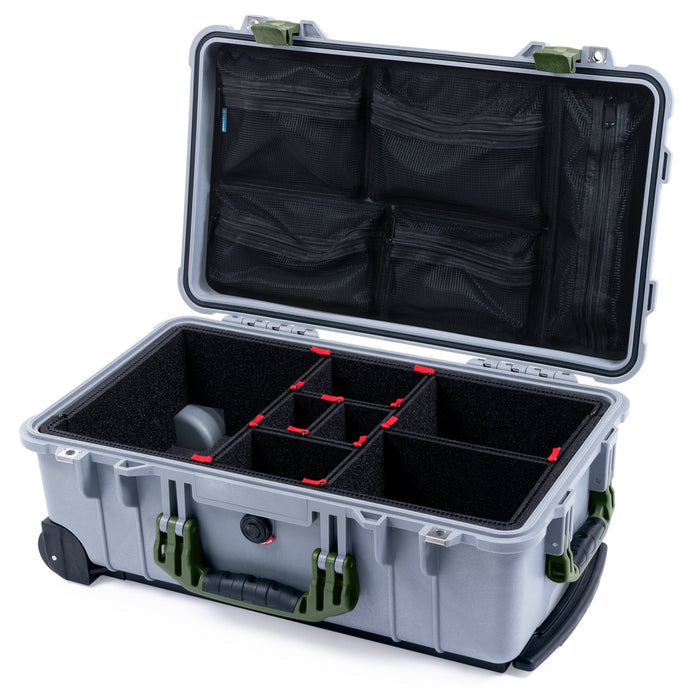 Pelican 1510 Case - Silver & OD Green - TrekPak Divider System / Mesh Lid Organizer