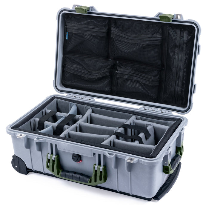 Pelican 1510 Case - Silver & OD Green - Padded Microfiber Dividers / Mesh Lid Organizer