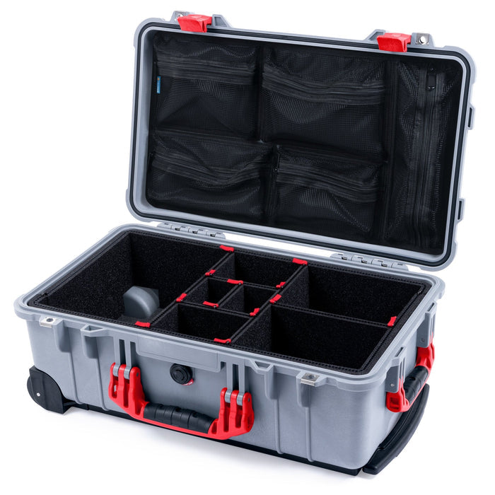 Pelican 1510 Case - Silver & Red - TrekPak Divider System / Mesh Lid Organizer