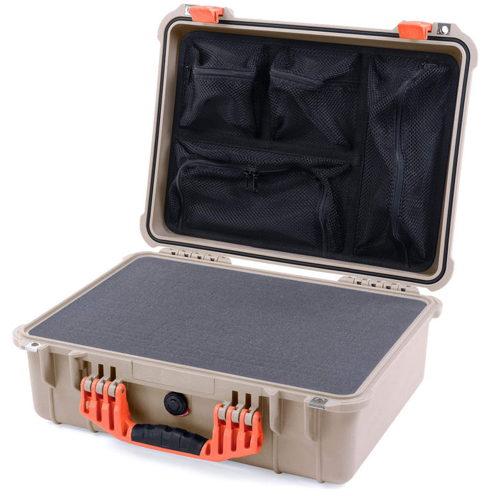 Pelican 1520 Case, Desert Tan with Orange Handle & Latches Pick & Pluck Foam with Mesh Lid Organizer ColorCase 015200-0101-310-150