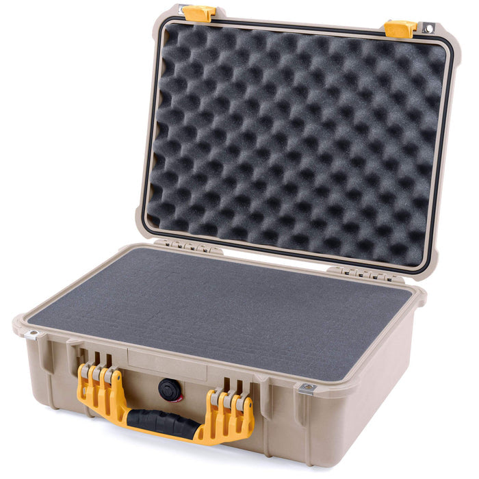 Pelican 1520 Case, Desert Tan with Yellow Handle & Latches Pick & Pluck Foam with Convolute Lid Foam ColorCase 015200-0001-310-240