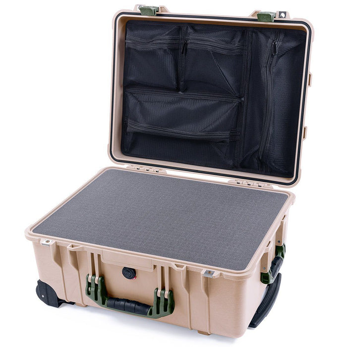 Pelican 1560 Case, Desert Tan with OD Green Handles & Latches Pick & Pluck Foam with Mesh Lid Organizer ColorCase 015600-0101-310-130