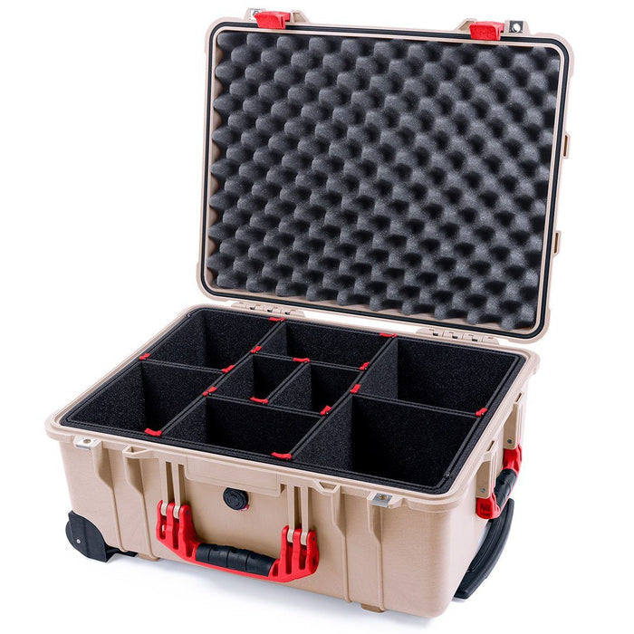 Pelican 1560 Case, Desert Tan with Red Handles & Latches TrekPak Divider System with Convolute Lid Foam ColorCase 015600-0020-310-320