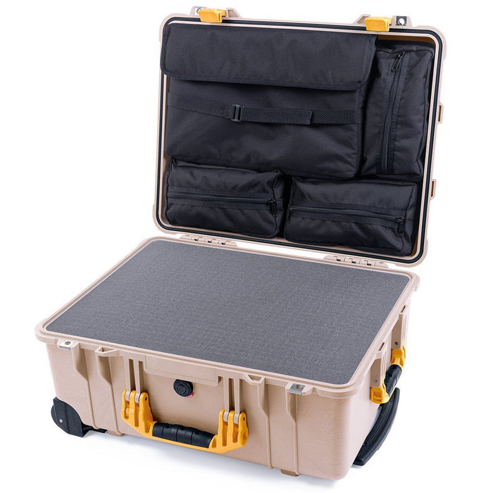 Pelican 1560 Case, Desert Tan with Yellow Handles & Latches Pick & Pluck Foam with Computer Pouch ColorCase 015600-0201-310-240