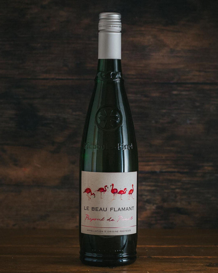 A bottle of Picpoul De Pinet 'Le Beau Flamant'.