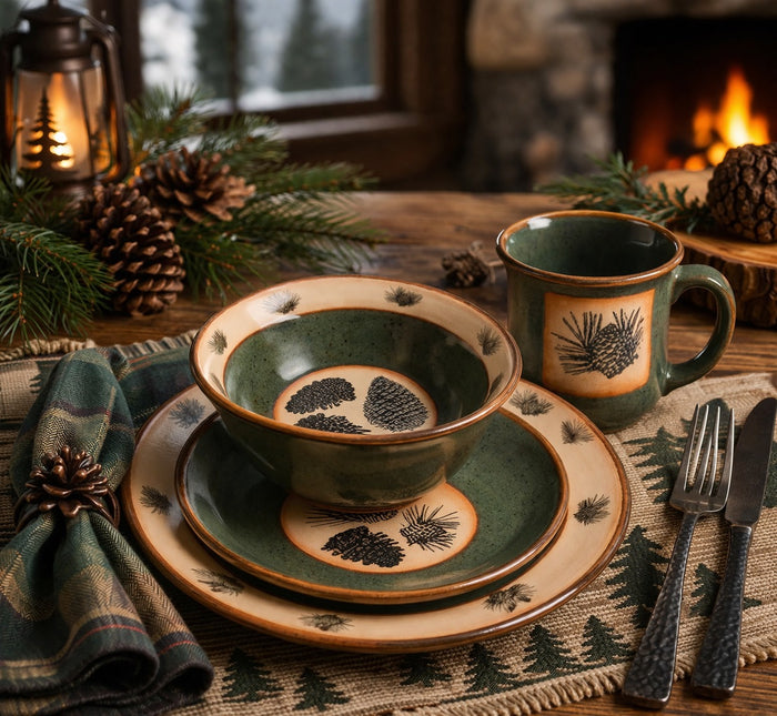 pinecone dinnerware set with rustic lodge table setting featuring green stoneware plates bowl and mug on wooden table with pine accents and warm lighting