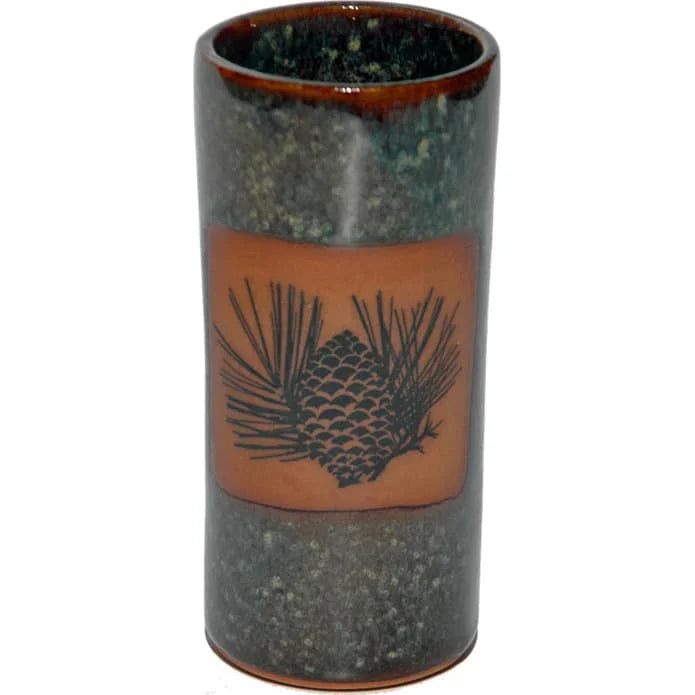 Pottery tumbler with pinecone imagery