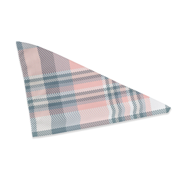 Triangle-folded dog bandana in pink, blue, and white plaid pattern.
