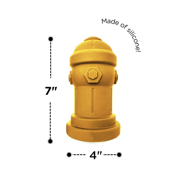 Yellow silicone toy fire hydrant for dog potty training, labeled 7 inches tall by 4 inches wide.