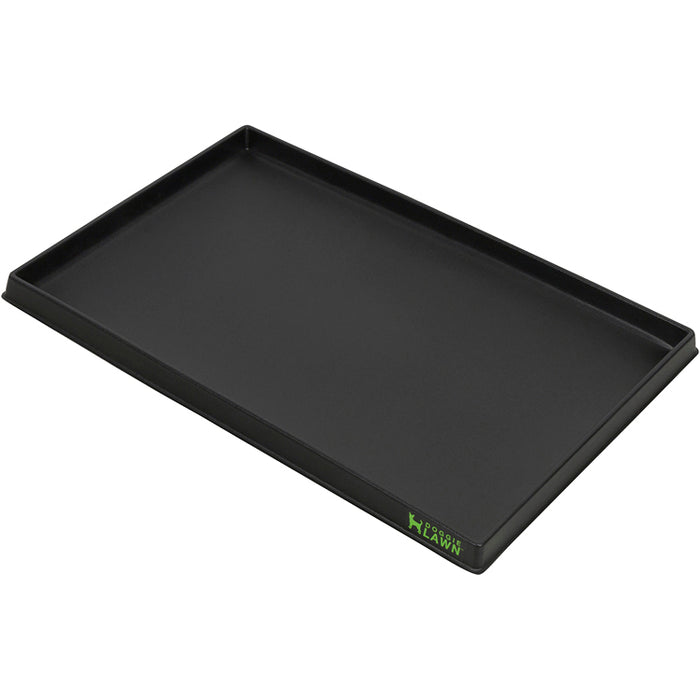 Black rectangular HDPE plastic dog potty tray with raised sides and green DoggieLawn logo.