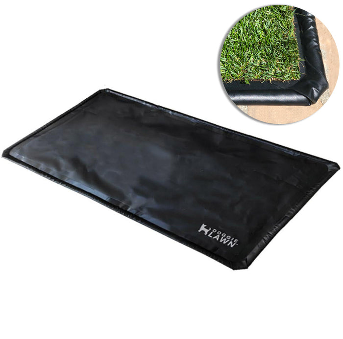Black flexible XL FLEX-TRAY for indoor dog grass pad with inset showing grass held inside the tray's raised edge.