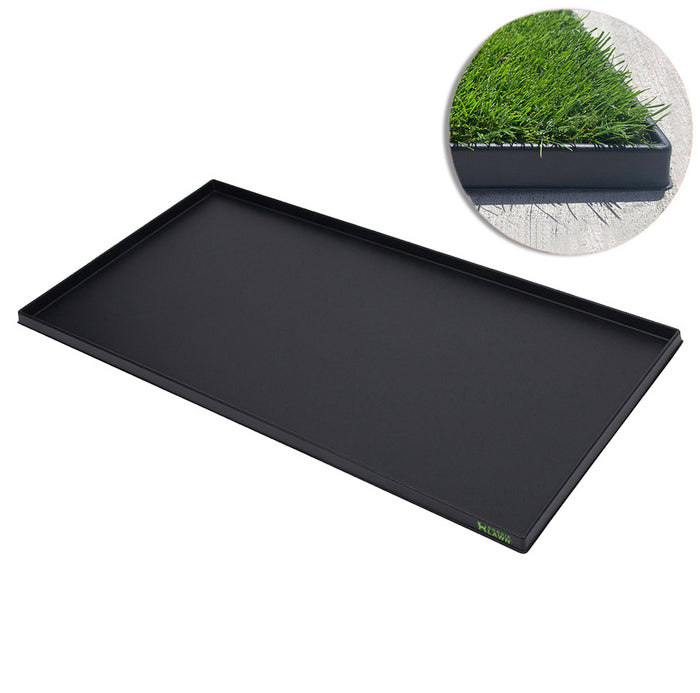 Black rectangular plastic dog potty tray with a close-up inset showing the tray holding a grass pad.