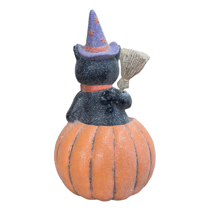 Pulp Glittered Black Cat on Pumpkin - 11" Tall