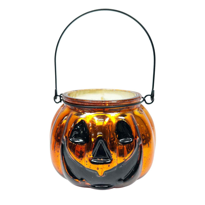 Pumpkin Handle Jar with Candle - 4" from the 2026 Moonlight Masquerade Halloween collection at Roger's Gardens