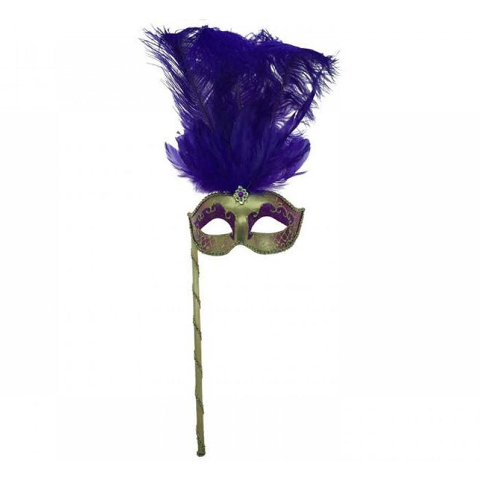Purple & Gold Feather Stick Mask from the 2026 Moonlight Masquerade Halloween collection at Roger's Gardens