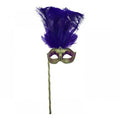 Purple & Gold Feather Stick Mask from the 2026 Moonlight Masquerade Halloween collection at Roger's Gardens