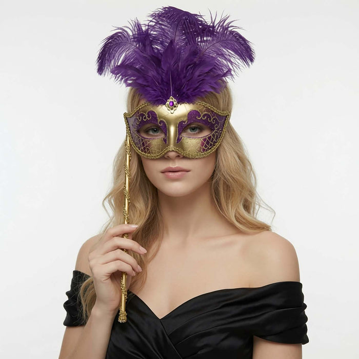 Purple & Gold Feather Stick Mask