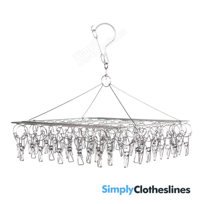 Angled side view of the Enviro square stainless steel sock hanger model showing the secure hanging hook and high-density peg layout.